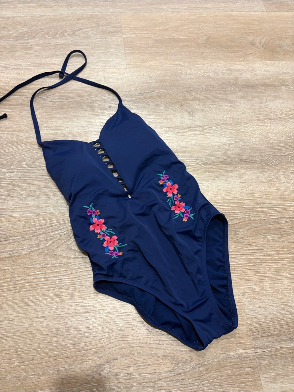 ' Navy Floral Embroidered one piece swim